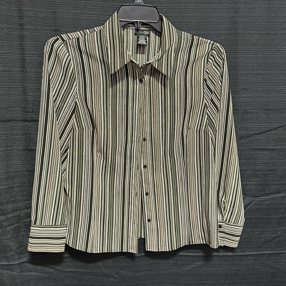 East 5th Women's Black Green Purple Striped Blouse Long Sleeve Button Down Sz LP